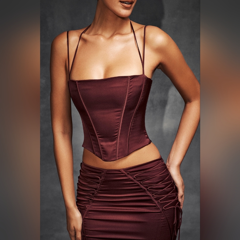 HOUSE OF CB Chantelle Wine Satin Corset